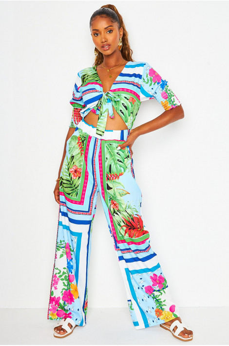 Combi-pantalon ajourée imprimé bleu