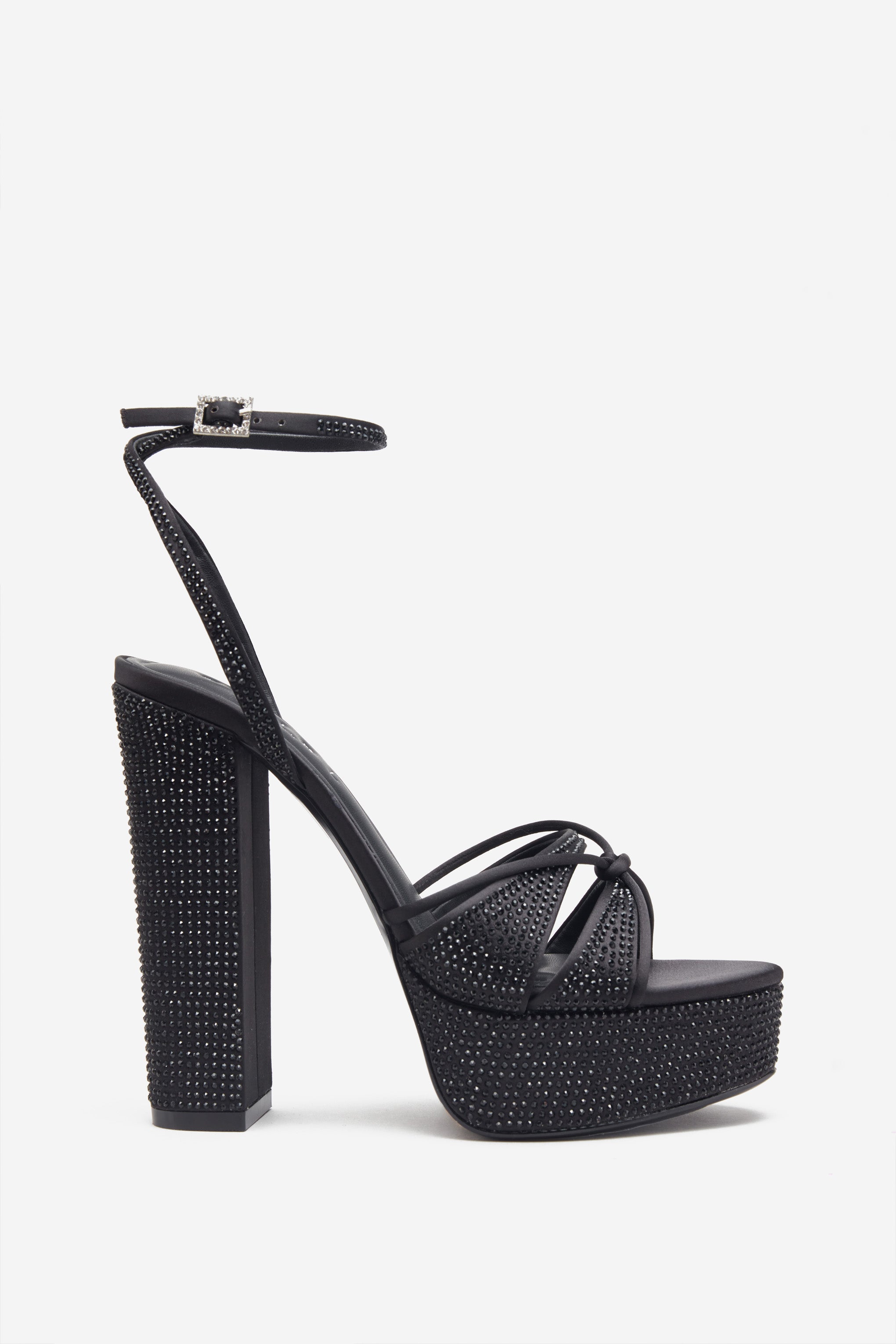 Crystal Cut | Sandales à plateforme noire talons à lanières et boucles en strass