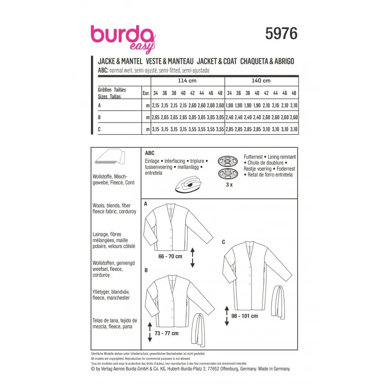 Patron manteau femme - Burda n°5976