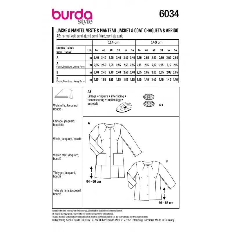 Patron manteau/veste femme - Burda n°6034