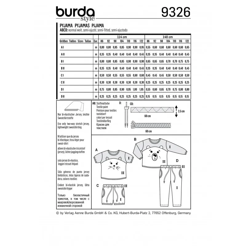 Patron Pyjamas Enfant Burda N°9326
