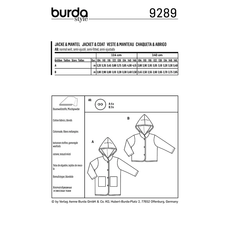 Patron Veste et Manteau enfant Burda Style n°9289