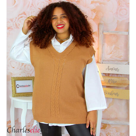 Pull torsade ULLA sans manche femme grande taille camel