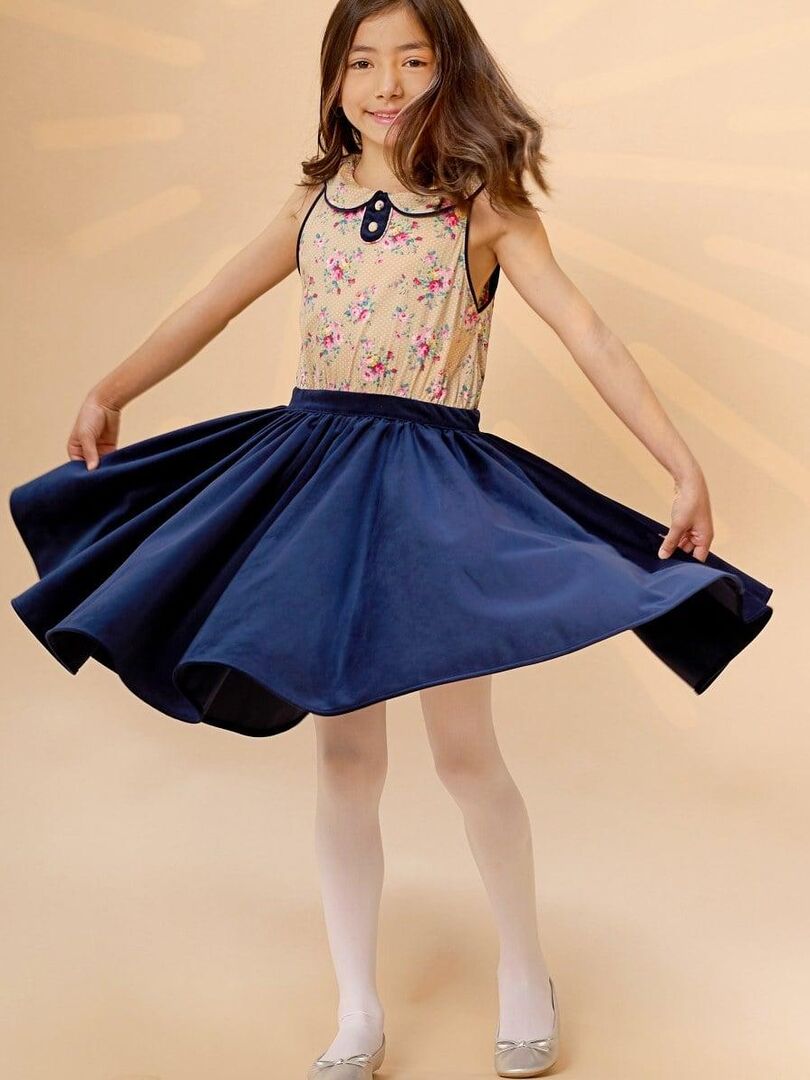 Robe Qui Tourne Fille  Velours Bleu Marine Fleuri Rose  HEPBURN - 'LA FAUTE A VOLTAIRE' - Multicolore