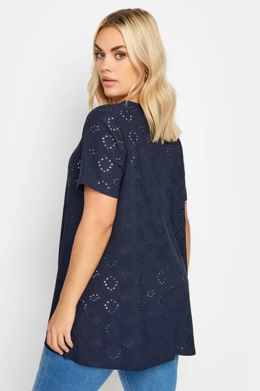 YOURS - T-Shirt Bleu Marine Broderie Anglaise en Jersey